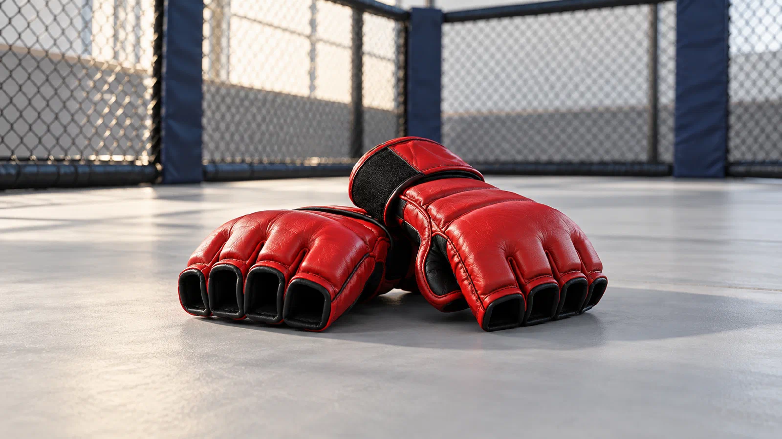 Концептуальная иллюстрация: красные MMA-перчатки на светлом тренировочном ковре