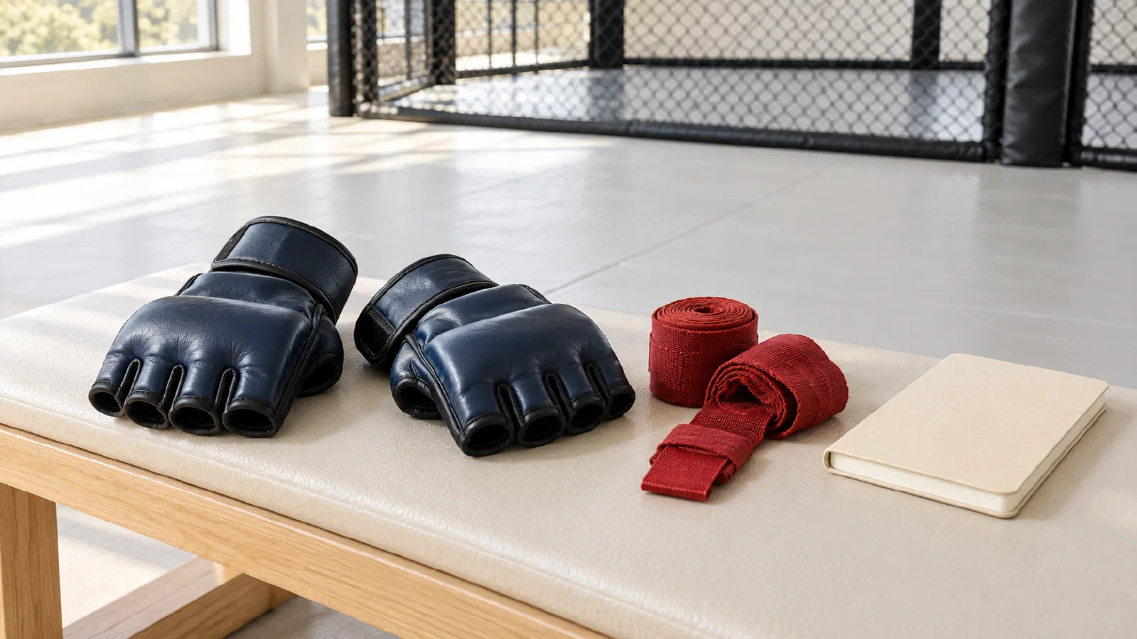 Концептуальный кадр: перчатки MMA, бинты и блокнот в пустом тренировочном зале