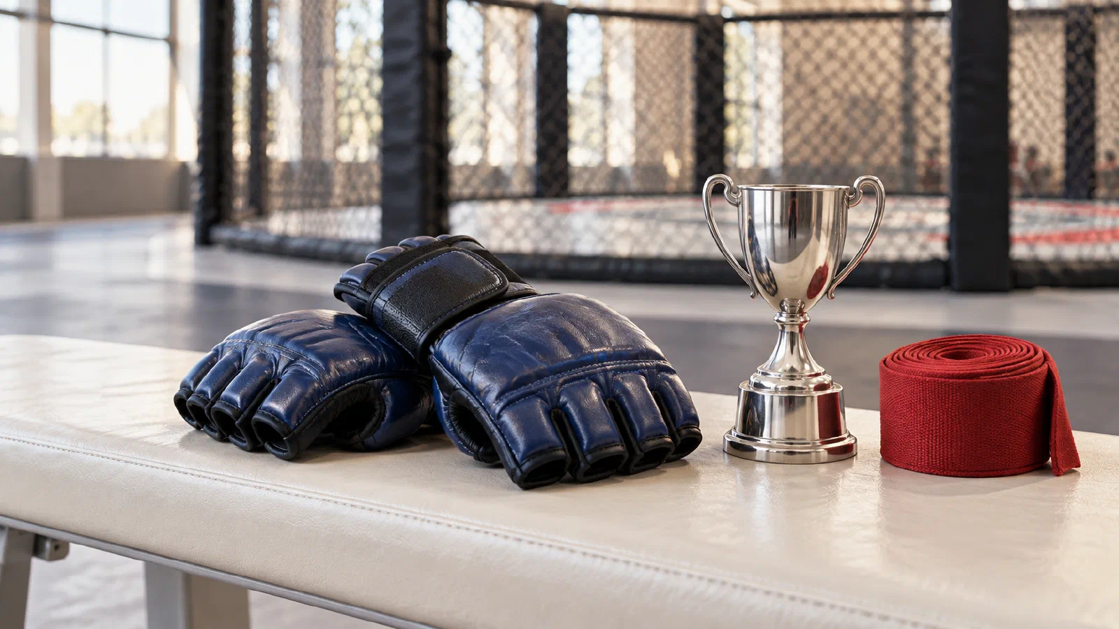 Концептуальная иллюстрация: MMA-перчатки, простой кубок и красный бинт